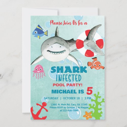 Shark infested boy pool party birthday invite invitation