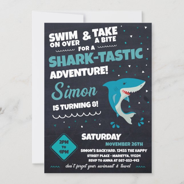 Shark Invitation for Birthday Pool Party Bite (Front)