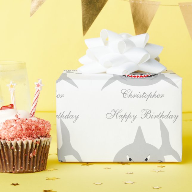 Shark Just Add Name Birthday Wrapping Paper (Birthday Party)