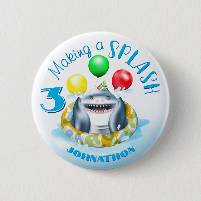 Shark Kids Birthday Pool Party Button (Front)