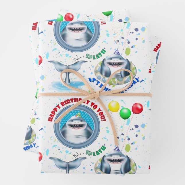 Shark Kids Birthday Wrapping Paper Sheets (In situ)