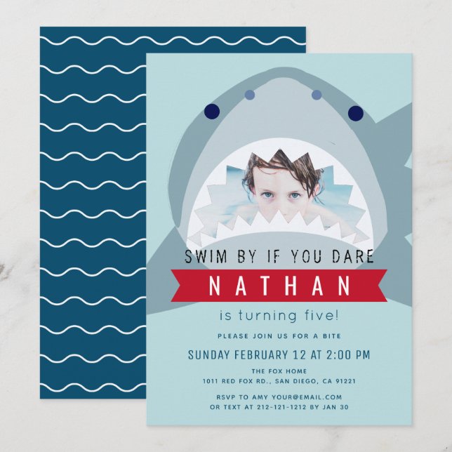 Shark Light Blue Pool Boy Photo Birthday Invitation (Front/Back)