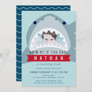 Shark Light Blue Pool Boy Photo Birthday Invitation