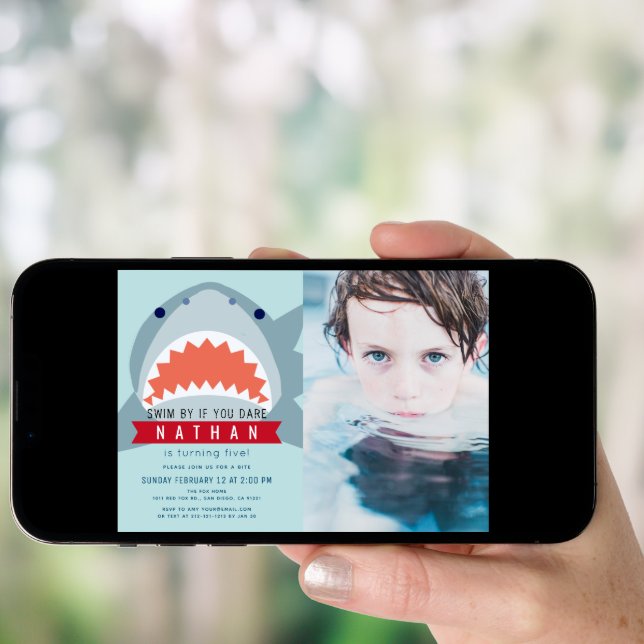 Shark Light Blue Pool Photo Boy Birthday Invitation (Front Digital)