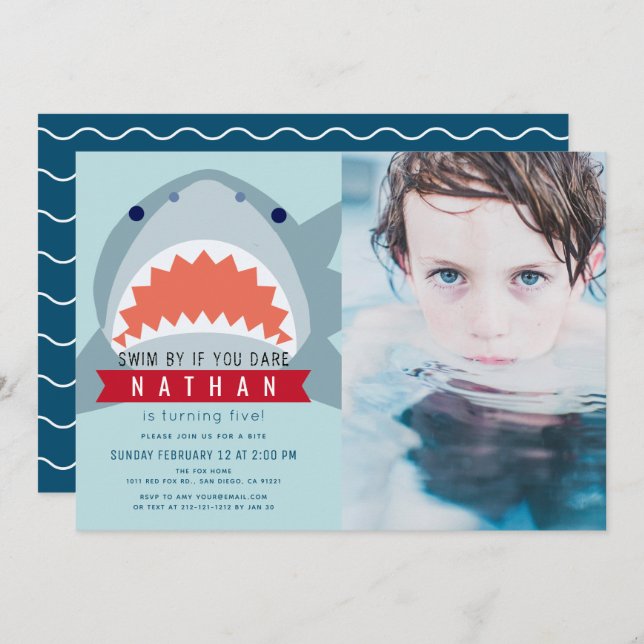 Shark Light Blue Pool Photo Boy Birthday Invitation (Front/Back)