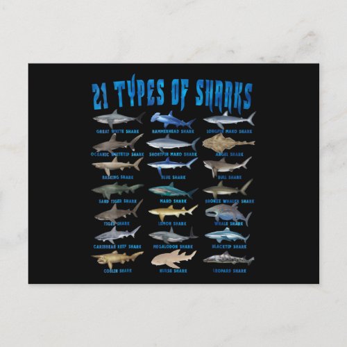 Shark Lovers 21 Types Of Sharks Ocean Animal Announcement Postcard