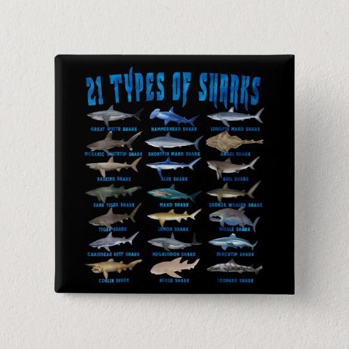 Shark Lovers 21 Types Of Sharks Ocean Animal Button