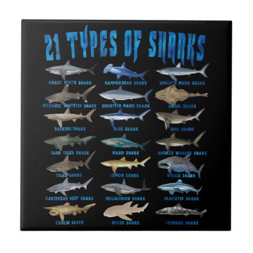 Shark Lovers 21 Types Of Sharks Ocean Animal Ceramic Tile