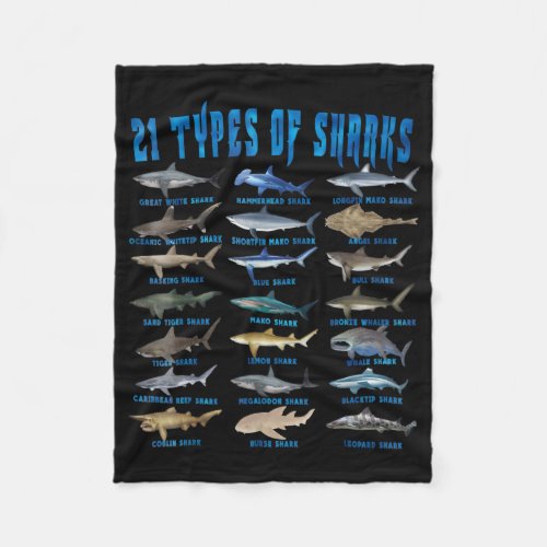 Shark Lovers 21 Types Of Sharks Ocean Animal Fleece Blanket