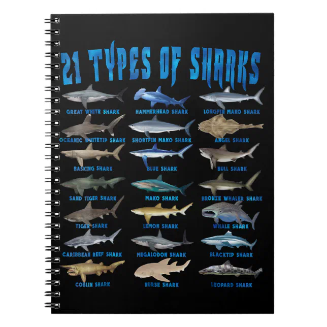 Shark Lovers 21 Types Of Sharks Ocean Animal Notebook (Front)