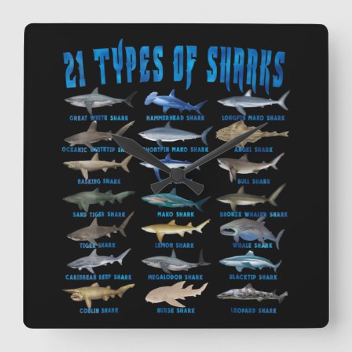 Shark Lovers 21 Types Of Sharks Ocean Animal Square Wall Clock