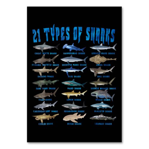Shark Lovers 21 Types Of Sharks Ocean Animal Table Number