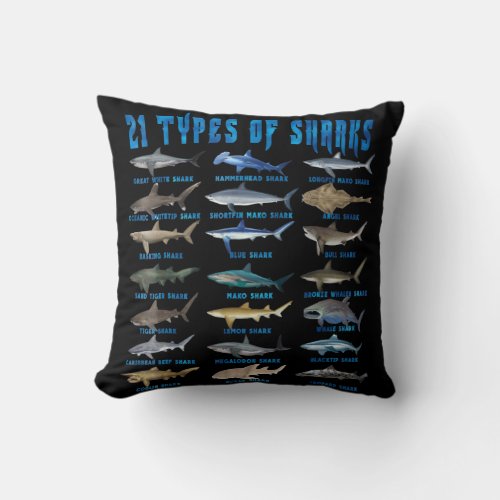 Shark Lovers 21 Types Of Sharks Ocean Animal Throw Pillow