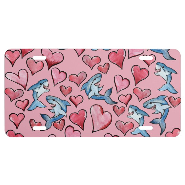 Shark Lovers Sharks and Heart Pattern Valentine License Plate (Front)