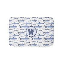 Shark Marine Life Sea Blue Watercolor Monogram Bath Mat
