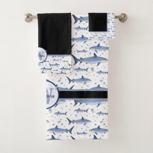 Shark Marine Life Sea Blue Watercolor Monogram Bath Towel Set