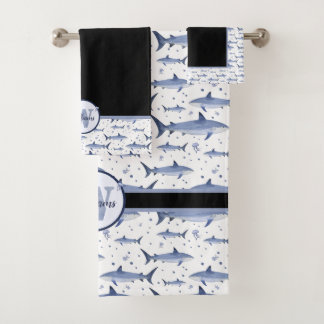 Shark Marine Life Sea Blue Watercolor Monogram Bath Towel Set