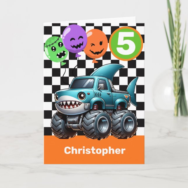 Shark Monster Truck 5th Birthday Halloween  Card (Front)