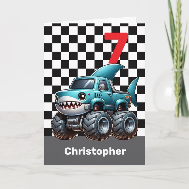 Shark Monster Truck 7th Birthday Card (Front)