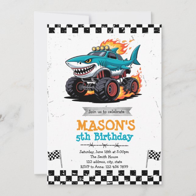 Shark Monster Truck birthday party Invitation (Front)