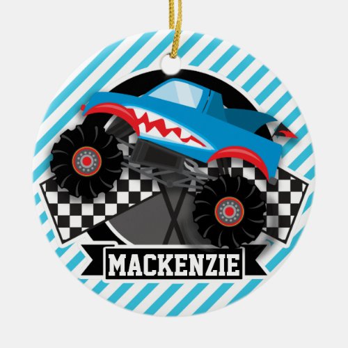 Shark Monster Truck Checkered Flag Blue Stripes Ceramic Ornament