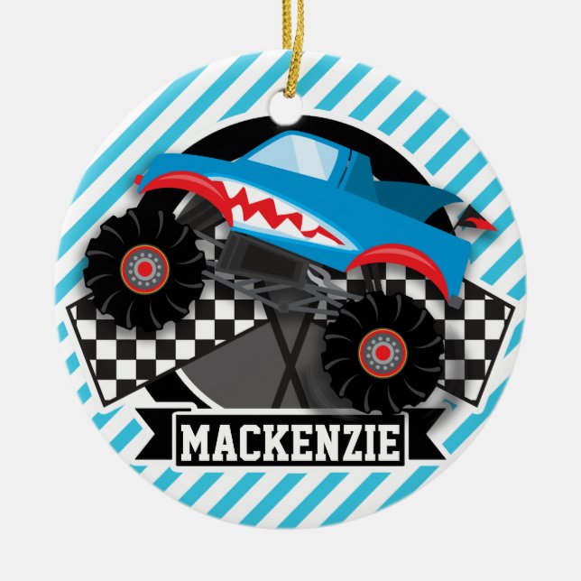 Shark Monster Truck; Checkered Flag; Blue Stripes Ceramic Ornament (Front)