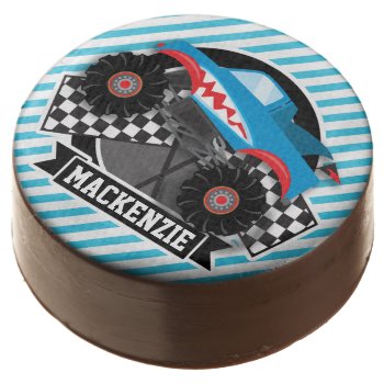 Shark Monster Truck; Checkered Flag; Blue Stripes Chocolate Covered Oreo by Birthday_Party_House at Zazzle