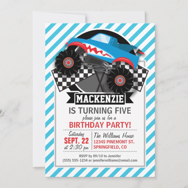 Shark Monster Truck; Checkered Flag; Blue Stripes Invitation (Front)