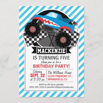 Shark Monster Truck; Checkered Flag; Blue Stripes Invitation by Birthday_Party_House at Zazzle