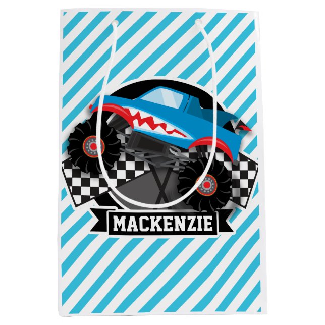 Shark Monster Truck; Checkered Flag; Blue Stripes Medium Gift Bag (Front)