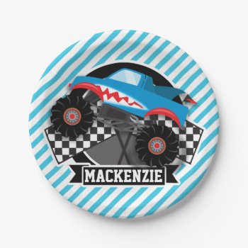 Shark Monster Truck; Checkered Flag; Blue Stripes Paper Plates by Birthday_Party_House at Zazzle