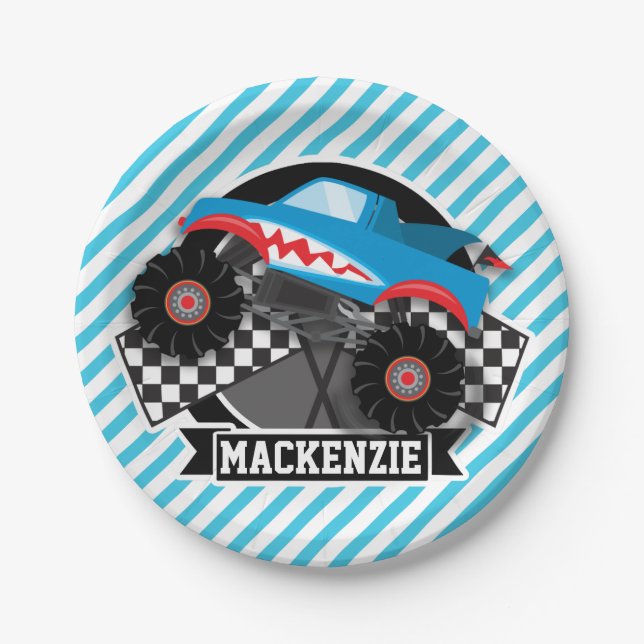 Shark Monster Truck; Checkered Flag; Blue Stripes Paper Plates (Front)