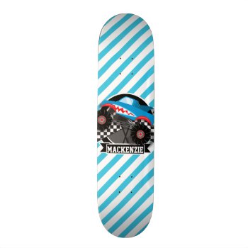 Shark Monster Truck; Checkered Flag; Blue Stripes Skateboard by Birthday_Party_House at Zazzle