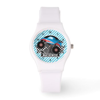 Shark Monster Truck; Checkered Flag; Blue Stripes Watch by Birthday_Party_House at Zazzle