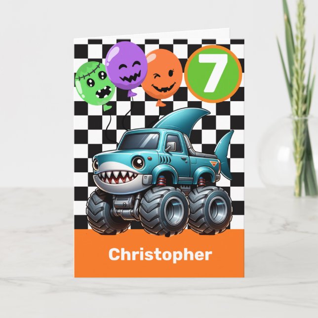 Shark Monster Truck Halloween 7th Birthday Card (Front)