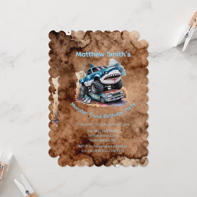 Shark Monster Truck Mud Splatter Boy Birthday  Invitation (Front/Back In Situ)