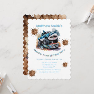 Shark Monster Truck Mud Splatter Boy Birthday Invitation