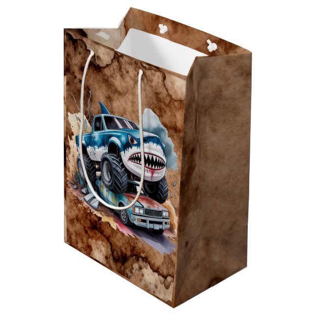 Shark Monster Truck Mud Splatter Boy Birthday  Medium Gift Bag (Back Angled)