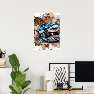 Shark Monster Truck Mud Splatter Boy Birthday  Poster