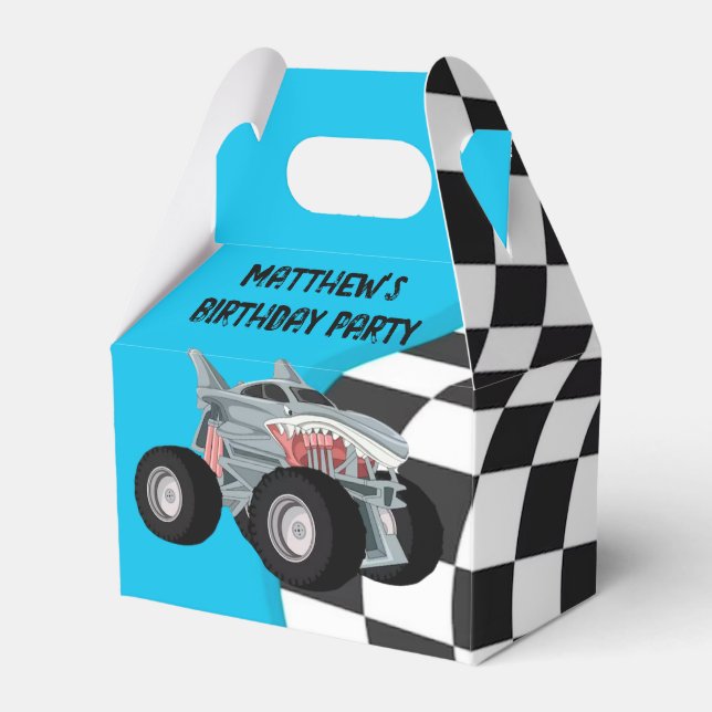 Shark Monster Truck Racing Flag Birthday Party Favor Boxes (Front Side)