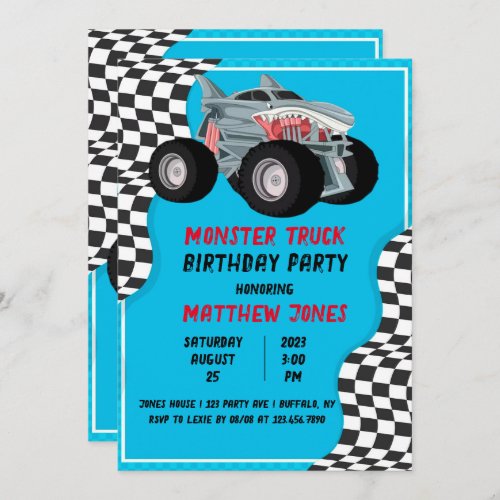 Shark Monster Truck Racing Flag Birthday Party Invitation