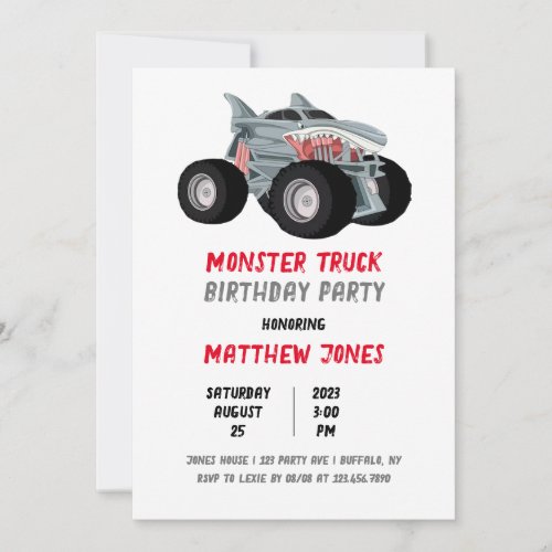 Shark Monster Truck Racing Flag Birthday Party Invitation