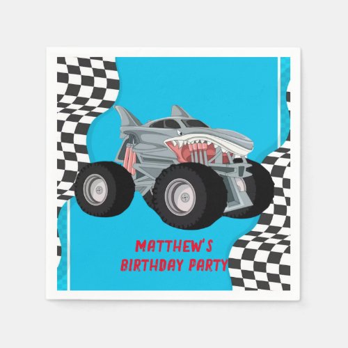 Shark Monster Truck Racing Flag Birthday Party Napkins