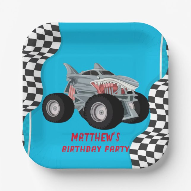 Shark Monster Truck Racing Flag Birthday Party Paper Plates (Front)