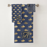 Shark Navy Blue Gold Monogram Home Decor Newlyweds Bath Towel Set