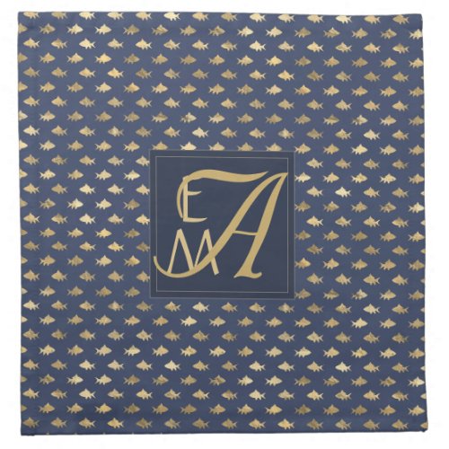 Shark Navy Blue Gold Monogram Home Decor Newlyweds Cloth Napkin