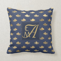 Shark Navy Blue Gold Monogram Home Decor Newlyweds Throw Pillow