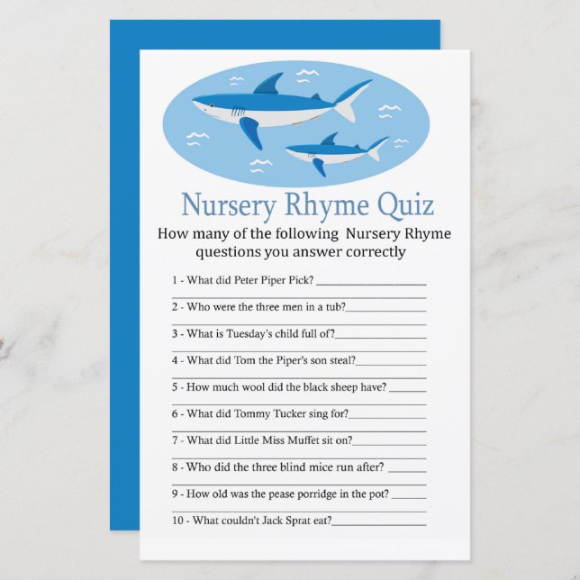 Shark Nursery Rhyme Quiz baby shower game (Front/Back)