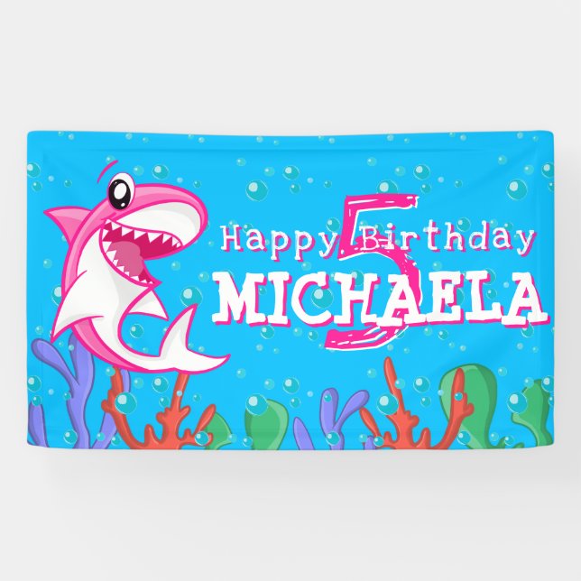 Shark Ocean Kids Girls Any Age Birthday Banner (Horizontal)