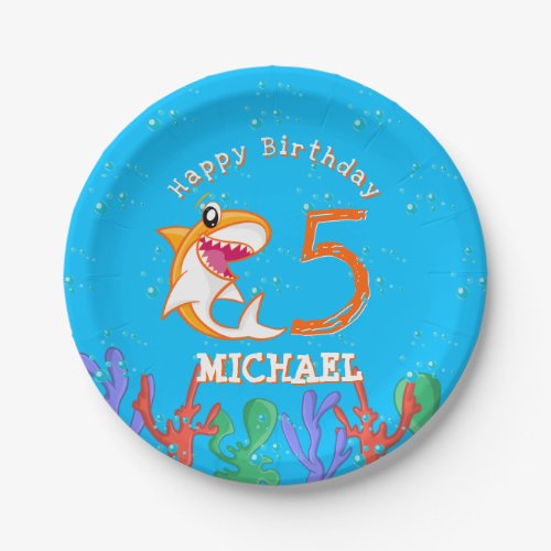 Shark Ocean Kids Orange Any Age Birthday Paper Plates